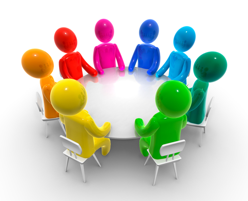 Graphic of brightly coloured figures sitting around a table